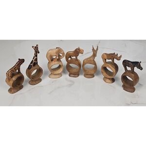 Set of 7 Hand Carved Wooden Safari Animal Napkin‎ Rings Kenya Giraffe Elephant